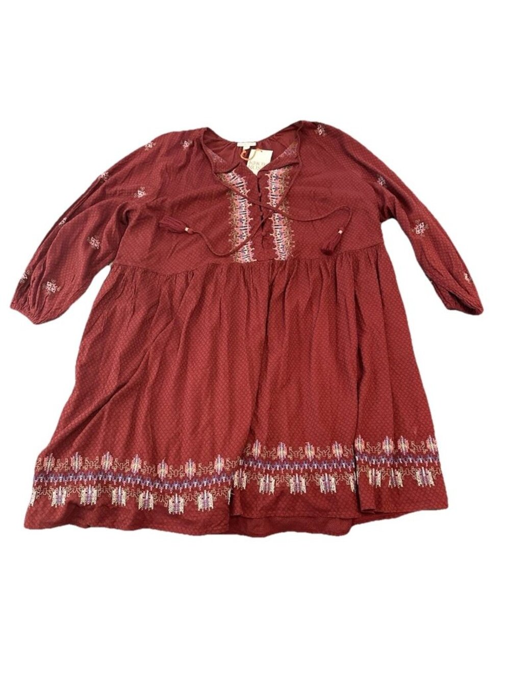 NWT Boho Knox Rose Dress 4X Embroidered Tassel Babydoll Burgundy Prairie Artisan